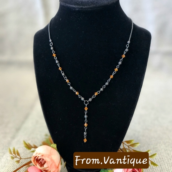 🔶️⚫️ Vintage Orange & Black Beaded Linked Dangling Necklace ⛓️ - Picture 2 of 4